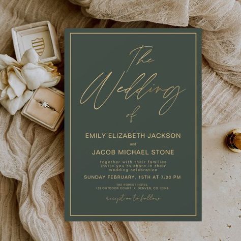 $1.05 | Budget The Wedding of Gold Emerald Green Elegant - modern, elegant, simple, wedding, typography, budget, gold, foil, the wedding, emerald green Green Aesthetic Wedding Invitation, Elegant Simple Wedding, Navy Blue And Gold Wedding, Green Gold Weddings, Typography Invitation, Blue Gold Wedding, Wedding Typography, Black Gold Wedding, Budget Wedding Invitations