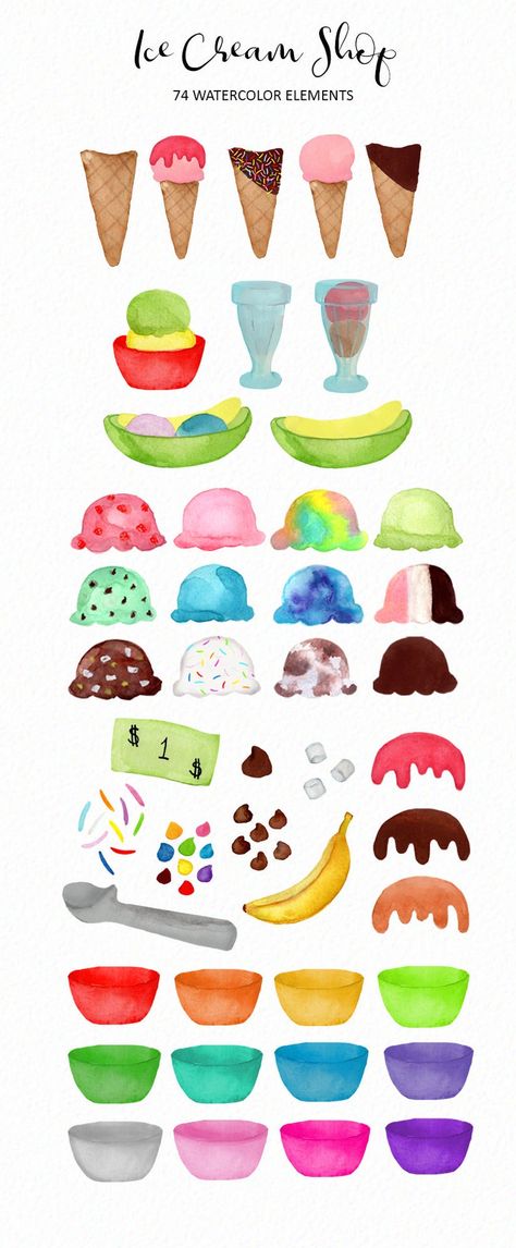 Ice Cream clip art Watercolor ice cream shop dramatic play | Etsy Ice Cream Shop Dramatic Play, Ice Cream Clip Art, Clip Art Food, Cream Clip, Food Clip Art, Summer Clip Art, Watercolor Ice Cream, Ice Cream Crafts, Dramatic Play Printables