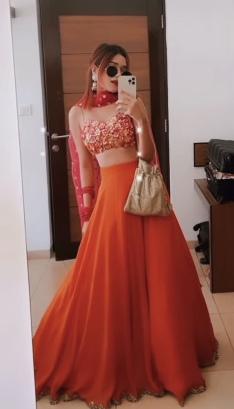 Orange Dress For Haldi, Orange Indian Outfit, Mehandi Outfit, Plazo Dress, India Traditional Dress, Navratri 2024, Lengha Blouse Designs, Haldi Wear, Bridal Entry