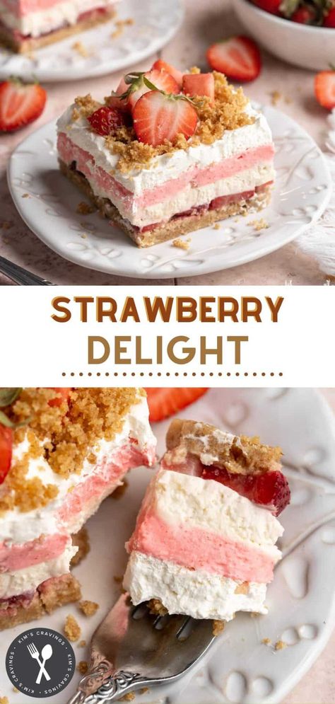 No-Bake Strawberry Delight is a gorgeous layered dessert that's sure to impress! With layers of fresh strawberries and a creamy filling over a buttery graham cracker crust, it's the perfect easy summer dessert for any occasion. No Bake Strawberry Delight, Strawberry Jello Dessert, Graham Cracker Dessert, Oreo Delight, Easy Summer Dessert, Pistachio Dessert, Savory Dessert, Lunch Smoothie, Layered Dessert