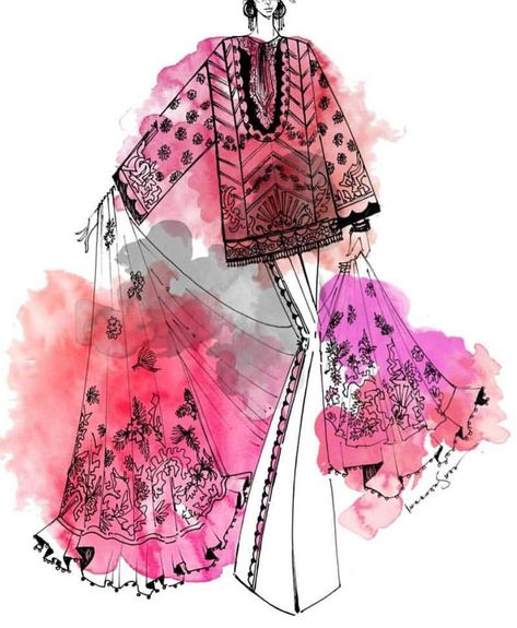 Catch the theme? Dress sketch out for èlan’s new lawn collection. . . . . . . . . . #pakistani #elan #dresssketch #sketch #art #elanlawn… Traditional Wear Illustration Sketch, Chikankari Fashion Illustration, Desi Fashion Illustration, Lace Rendering Fashion Illustrations, Lengha Illustration Sketch, Linen Style Fashion, Fashion Figure Drawing, Theme Dress, Dress Sketches