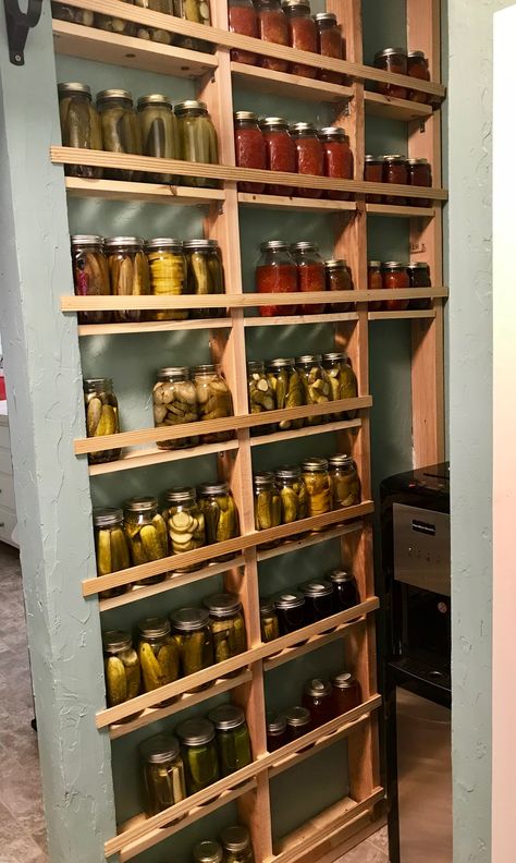 Canning storage DIY Shelving w/in pantry wall studs that will fit up to 70 quart jars.  HUGE space saver! Pantry With Canning Jars, Pantry Shelving Ideas Canning Jars, Small Canning Pantry, Canning Jar Wall Storage, Pantry In Wall Studs, Pantry Shelves For Canning Jars, Shelving For Canning Jars, Diy Canning Jar Storage, Pantry And Storage Room