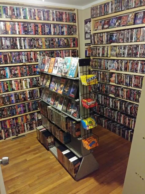 Movie Memorabilia Room, Dvd Collection Display, Video Store Aesthetic, Dvd Storage Ideas, Movie Storage, Vinyl Aesthetic, Dvd Storage, Video Game Rooms, Retro Room