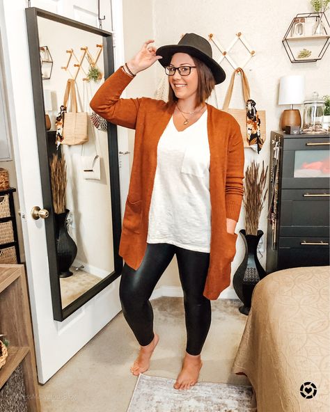 Stay at home loungewear outfit, fall sweater, rust cardigan, spanx faux leather leggings, wide brim felt fedora hat, fall style, fall outfit inspiration, autumn outfits, burnt orange, long cardigan sweater, midsize style, midsize fashion #LTKcurves #LTKunder50 #StayHomeWithLTK #liketkit @liketoknow.it Leggings Outfit Midsize, Orange Cardigan Outfit, Duster Cardigan Outfit, Fall Outfits Midsize, Rust Cardigan, Cardigan Fall Outfit, Loungewear Outfit, Leather Leggings Outfit, Midsize Outfits