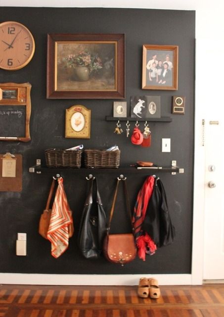 I want this so badly. It is chalkboard paint. I have an amazingly artistic idea for this to be implemented into my home. I am excited that this gives me something to look forward to in my future. Hallway Shelves, Narrow Shelf, Space House, Apartment Entryway, Entryway Inspiration, Picture Ledge, Entryway Ideas, Dark Walls, Small Entryway