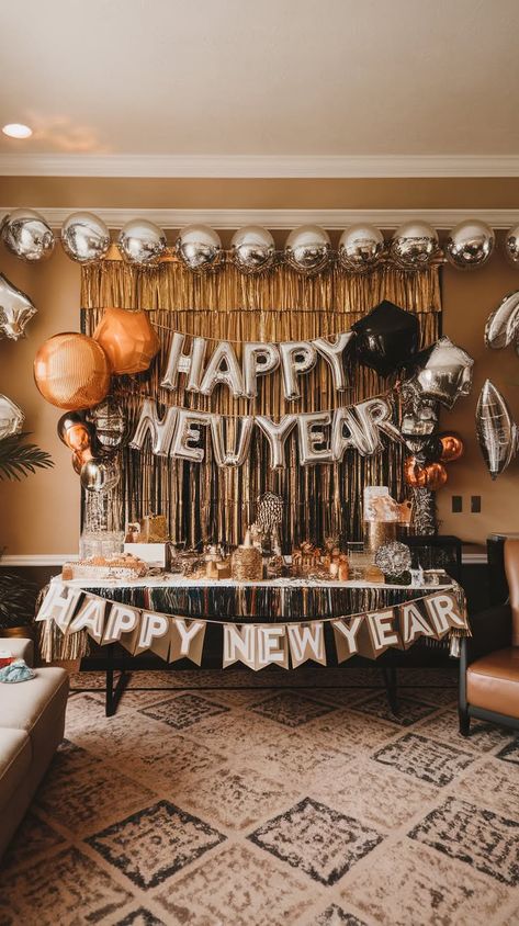 Stunning on a Budget: 40+ NYE Party Ideas Chic Nye Decor, All White New Years Eve Party, New Years Decorations 2024, New Years Brown Paper Sign, Happy New Year Decoration Ideas 2025, Nye Diy Decor, Cheap New Years Eve Decorations, New Year Photo Backdrop, 70s New Years Eve Party