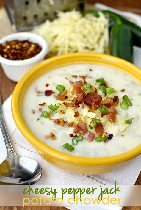 Cheesy Pepper Jack Potato Chowder Jack Potato, Cauliflower Chowder, Chili Pasta, Potato Chowder, Creamy Potato Soup, Iowa Girl Eats, Baked Potato Soup, Loaded Potato, Creamy Potato