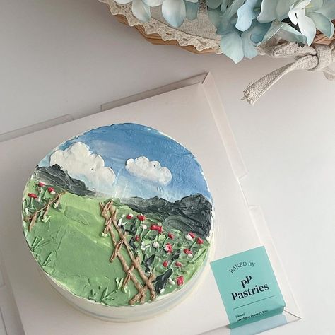 Landscape Cake Ideas, Cake Landscape, Painted Birthday Cake, Landscape Cake, Drawing Cake, Paint Cake, Cake Painting, Ocean Cakes, Korean Cake