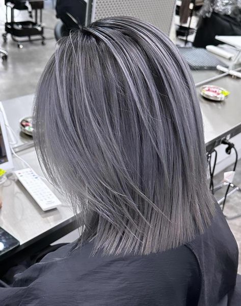 Gray Lob with Bluish Midshaft Ashy Grey Highlights, Asian Grey Hair, Brown And Gray Hair, Platinum Silver Hair Color, Dark Grey Hair Color, Grey Silver Hair, Dark Silver Hair, Silver Hair Shampoo, Silver Balayage