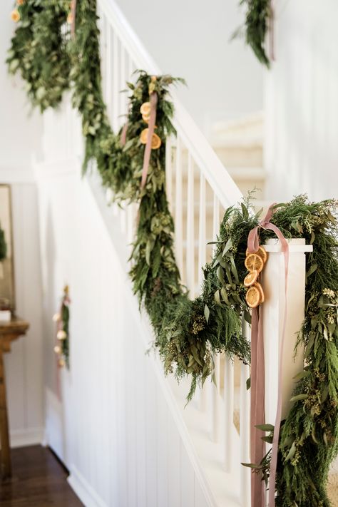 Fresh Garland, Citrus Slices, Leyland Cypress, Holiday Home Tour, Eucalyptus Garland, Seeded Eucalyptus, Christmas Inspo, Staircases, Christmas Quotes