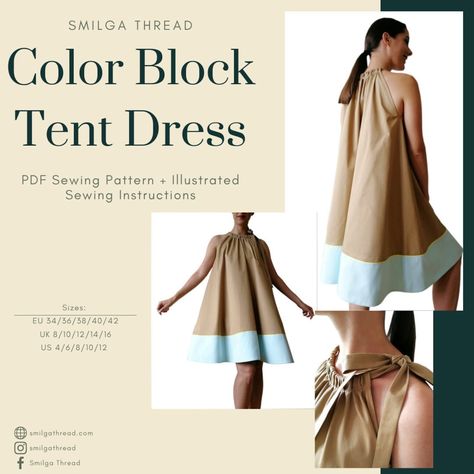 Tent Dresses Pattern, Linen Dress Pattern, Wrap Dress Sewing Patterns, Long Dress Patterns, Shift Dress Pattern, Pinafore Apron, Colour Blocking, Tent Dress, Sewing Pattern Sizes