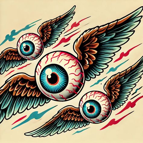 Traditional Eyeball Tattoo, Eyeball Tattoos, Flying Eyeball Art, Flying Eyeball, Eyeball Tattoo, Eyeball Art, Stomach Tattoos, Wings Tattoo, Seeing Eye