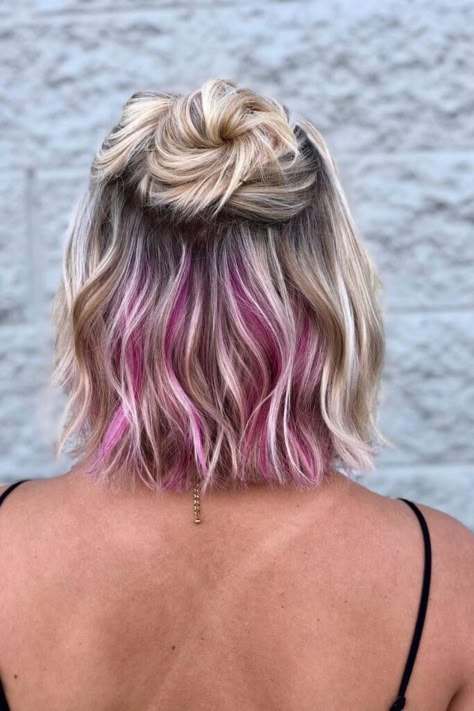 Top 13 Pink Underdye Hair Ideas For Women Short Hair Peek A Boo Color, Peck A Boo Hair Color, Pop Of Purple Hair, Blonde Bob With Pink Peekaboo, Pops Of Pink Hair, Blonde With Vivid Peekaboo, Hot Pink Blonde Hair, Burgundy Peekaboo Hair Blonde, Hidden Hair Color Blondes