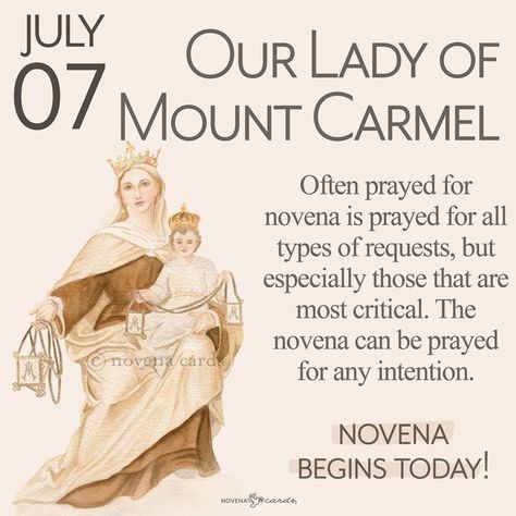 Novena Cards on Instagram: "Happy day 1 of the Novena to Our Lady of Mount Carmel!  To pray the novena, pray the prayer here in this post, or our stories, once a day. If you start today, the novena will finish the day before Our Lady of Mount Carmel's feast day (July 16th).  Do you desire to grow deeper in your interior life?   Ask the intercession of Our Lady of Mount Carmel to help you.   As St. Mary Magdalene de' Pazzi said, "Carmel is the symbol of the contemplative life, the life wholly dedicated to the quest for God, wholly orientated towards intimacy with God; and the one who has best realized this highest of ideals is Our Lady herself".   Our Lady of Mount Carmel is the title given to the Blessed Virgin Mary by the Carmelite Order, and is typically associated with her giving the Br St Simon Stock, Mount Calvary, Intimacy With God, Queen Mama, St Mary Magdalene, Our Lady Of Mount Carmel, Blessed Mary, Christian Board, The Blessed Virgin Mary