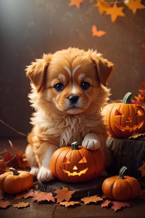 Puppy Halloween #puppy #halloween Halloween Puppy Photoshoot, Fall Puppies, Pup Treats, Halloween Puppy, Animal Images, Cute Animals Images, Halloween Pictures, Dog Halloween, Animals Images