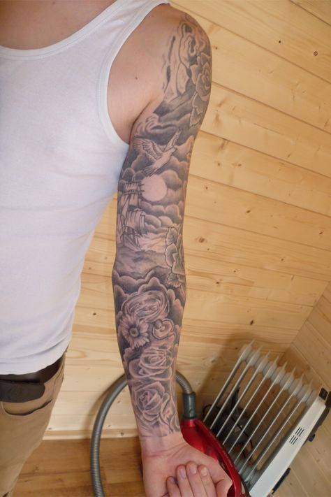 Cloud tattoos Cloud Tattoos, Cloud Tattoo Sleeve, Cloud Tattoo Design, Tattoo Sleeve Filler, Sky Tattoos, Outer Forearm Tattoo, Tattoo Background, Full Arm Tattoos, Cloud Tattoo