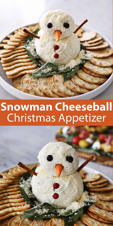 Snowman Cheese Ball - A Beautiful Mess Boursin Cheese Snowman, White Cheese Ball, Cheese Ball Snowman Recipe, Snowman Cheeseball Christmas, Cheese Ball Snowman, Christmas Appies, Creamy Cheese Dip, Snowman Cheese Ball, Christmas Cheese Ball