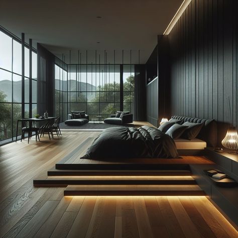 Bedroom Inspo Modern, Black Modern Bedroom, Japan House Design, Luxury Master Suite, Modern Room Design, Bedroom Beach House, Panoramic Windows, Cloud Kitchen, Bathroom Interior Design Modern