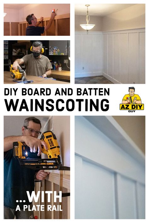 board and batten wainscoting tutorial Basic Dining Room, Wainscoting Tutorial, Board And Batten Wainscoting, Plate Rail, Dining Room Wainscoting, Plunge Router, Beadboard Ceiling, Base Moulding, Bay House