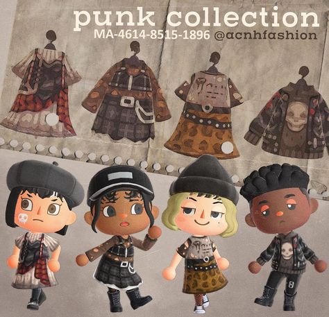 nicole 🎀 acnh fashion on Instagram: “mini collection #1: punk! 🖤 the two designs in the middle (with holes in the garments) come in all 8 shades. I can’t wait to see how…” Outfits Acnh Code, Punk Animal Crossing Clothes, Animal Crossing Design Codes Clothes Grunge, Dream Villagers Acnh, Punk Acnh Clothes, Acnh Grunge Outfits Codes, Acnh Punk Design, Anch Custom Designs Clothes, Animal Crossing Grunge Island