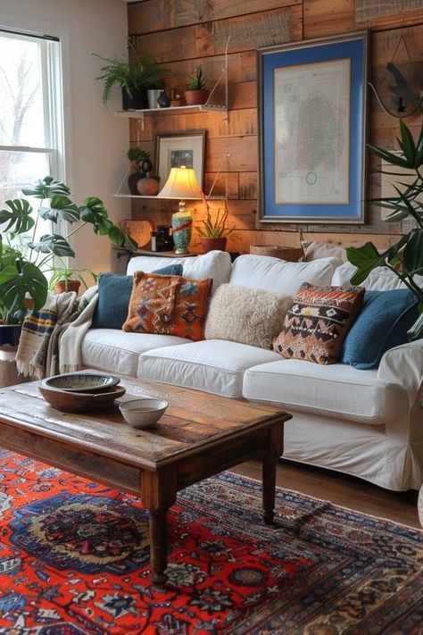 Eclectic Vintage Living Room, Navy Sofa Living Room, Red Living Room Decor, Maximalist Boho, First Apartment Tips, Boho Living Room Ideas, Living Room Design Ideas, Living Room Red, Colourful Living Room