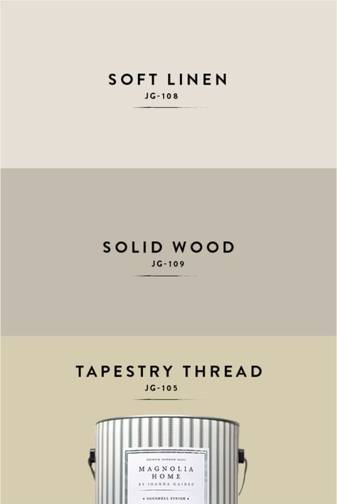 Explore cooler beige tones fit for any room with timeless neutral colors from Magnolia Home by Joanna Gaines® paint. Soft Linen JG-108 is an oatmeal white with peach accents. Solid Wood JG-109 is a khaki beige. Tapestry Thread JG-105 is a cool beige dusted with hazel and cocoa. Magnolia Home Soft Linen Paint, Magnolia Soft Linen Paint, Oatmeal Paint Color, Magnolia Paint Colors Joanna Gaines, Khaki Paint Colors, Cool Neutral Color Palette, Khaki Paint, Magnolia Home Paint Colors, Beige Tapestry