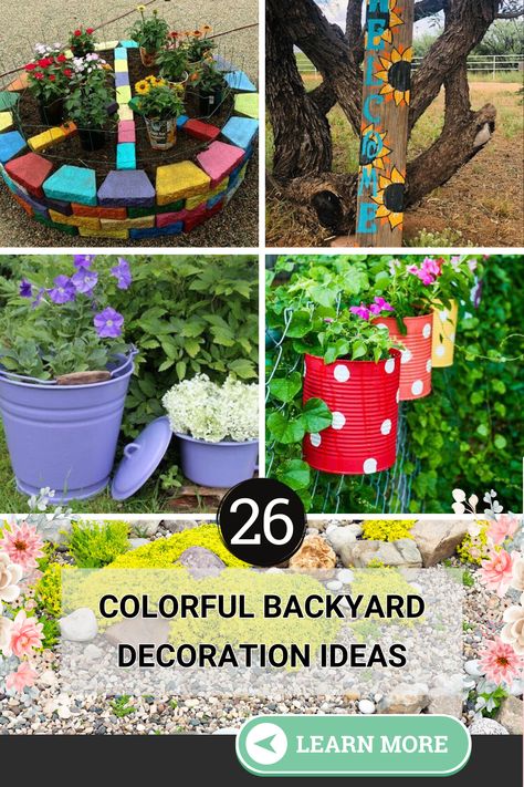 Colorful Backyard Decoration Ideas Colorful Backyard Ideas, Backyard Decoration Ideas, Painted Stepping Stones, Backyard Decorations, Colorful Backyard, Yard Makeover, Chair Planter, Painted Trunk, Rock Flowers