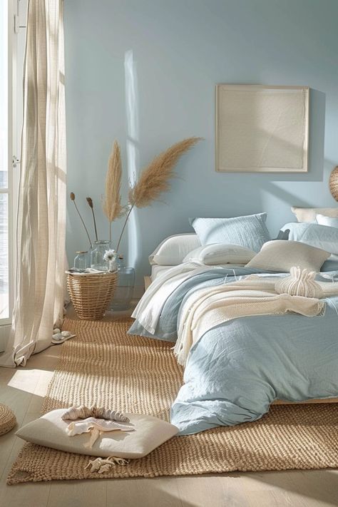 29 Light Blue Boho Bedroom Decor Ideas for Tranquil Living - My Elegant Home Light Blue Boho Bedroom, Boston Bedroom, Blue Boho Bedroom, Light Blue Houses, Light Blue Bedding, Light Blue Bedroom, Future Bedroom Ideas, Boho Bedroom Decor Ideas, Blue Bedroom Walls