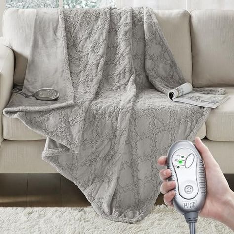 Hyde Lane Luxury Faux Fur Heated Throw Blanket | 50x60 | Soft Gray Mink and Reverse Electric Heating Throw | 3 Heat Settings | Auto-Shutoff | Machine Washable Electric Throw Blanket, Heated Throw, Electric Blanket, Faux Fur Blanket, Heated Blanket, Led Controller, Couch Potato, Electric Blankets, Fur Blanket