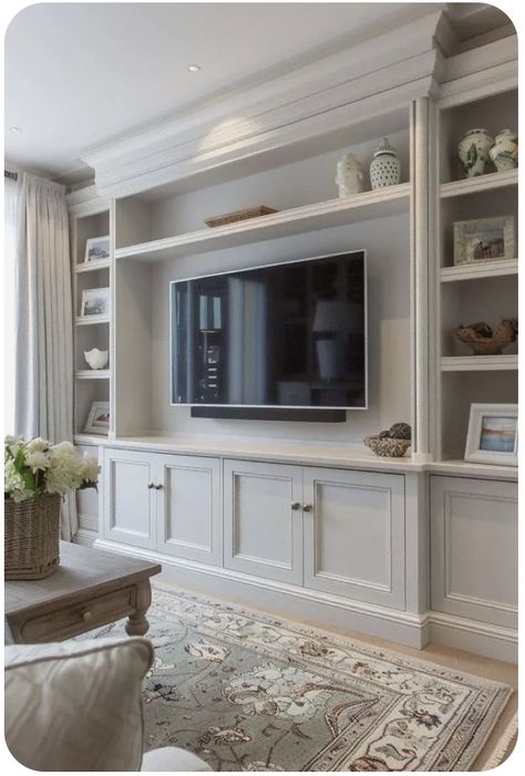 Built In Around Tv Living Room, Tv In Family Room Ideas, Cabinets Around Tv Mounted Tv, Playroom Tv Storage Unit, Tv With Bookcases On Either Side, Living Rooms With Built Ins, Big Tv Room Ideas, Built In Cabinets Below Tv, Great Room Tv Wall