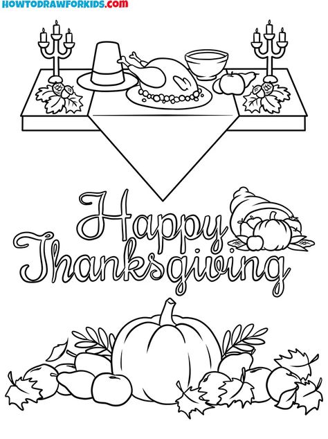 Thanksgiving Day Coloring Pages - Easy Drawing Tutorial For Kids Thankful Drawing, Thanksgiving Table Drawing, Easy Thanksgiving Coloring Pages, Easy Thanksgiving Drawings, Thanksgiving Drawings Doodles, Thanksgiving Pencil Drawings, Thanksgiving Drawings Easy, Thanks Giving Coloring Page, Thanksgiving Sketches