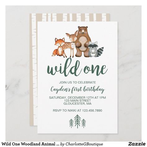 Wild One Woodland Animal First Birthday Invitation Animal First Birthday, Woodland Animal Birthday, Wild One Birthday Party, 1st Birthday Party Themes, 1st Birthday Themes, Woodland Birthday, First Birthday Themes, Animal Birthday Party, 1st Birthday Invitations