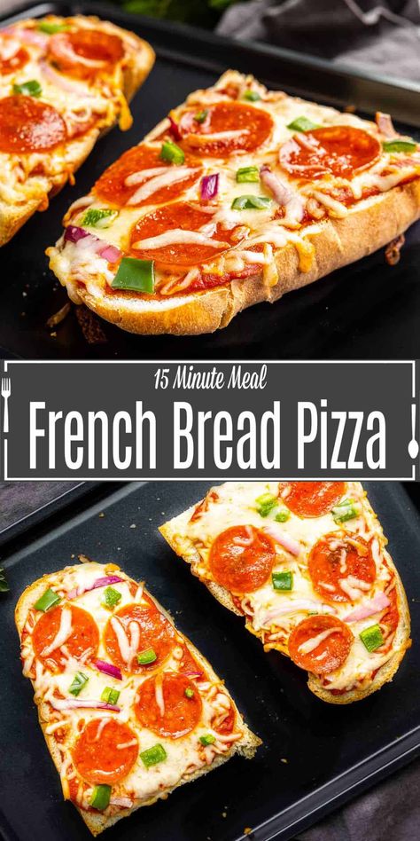 Make your french bread pizza with all of your favorite toppings and bake it in the oven for perfectly crispy, cheesy, pizza every time. This is an easy dinner recipe that the kids will love. Use a soft, crusty loaf of French bread and top it with your favorite sauce, two kinds of cheese, and your favorite toppings. It's a fun way to make homemade pizza for pizza night with the family. Oven Garlic Bread, French Bread Pizza Recipes, Pizza Dinner Recipes, Oven Garlic, Pizza Variety, Field Meals, Best Easy Dinner Recipes, Pizza Dinner, Cheesy Pizza