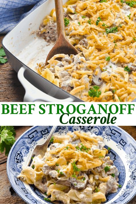 All of the flavors that you love from the traditional dish come together in this cozy and hearty Beef Stroganoff Casserole! A cream of mushroom and sour cream sauce made with ground beef and mushrooms is layered with buttered egg noodles and topped with crispy fried onions. Bake everything in one dish for an easy, satisfying dinner that the whole family can agree on! Ground Beef And Mushrooms, Stroganoff Casserole Recipe, Beef Stroganoff Casserole, Buttered Egg Noodles, Stroganoff Casserole, Beef And Mushrooms, Hamburger Stroganoff, Crispy Fried Onions, Sour Cream Sauce