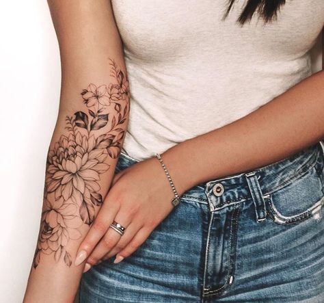 Inner Forearm Tattoos For Women Flowers, Birth Flower Tattoos Ideas Families Forearm, Flower Forearm Tattoo Half Sleeves, Birth Flower Sleeve Tattoo, Floral Filler Tattoo Ideas, Tattoo Biceps, Dahlia Tattoo, Floral Arm Tattoo, Forearm Flower Tattoo