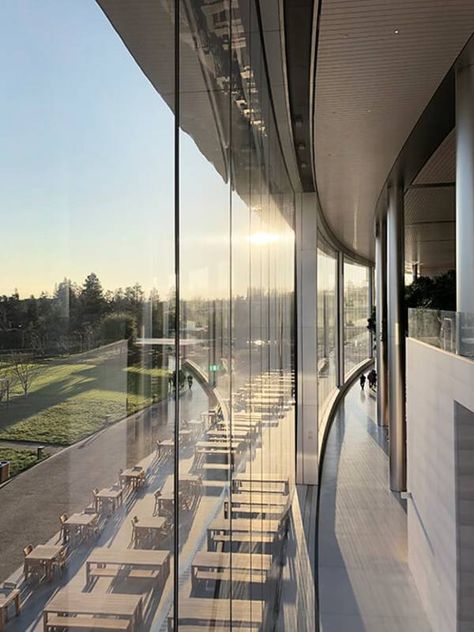 Apple Park Restaurant Doors: Two sliding elements - seele Apple Park Interior, Restaurant Doors, Foster Architecture, Norman Foster Architecture, Apple Headquarters, Apple Building, Restaurant Door, Apple Park, Park Restaurant