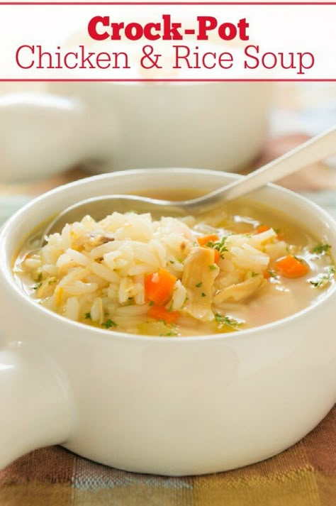 Crock-Pot Chicken & Rice Soup - This recipe for Crock-Pot Chicken & Rice Soup is a warm meal that will hit the spot for those cold fall or winter days! [Gluten Free, Low Calorie, Low Carb, Low Fat, Low Sugar & Weight Watchers friendly!] #CrockPotLadies #CrockPot #SlowCooker #Soup #ChickenRecipes #ComfortFood #KidFriendly #WeightWatchers Crockpot Chicken Rice Soup, Rice Soup Crockpot, Gluten Free Chicken Soup, Soup In A Crock Pot, Crock Pot Chicken And Rice, Chicken And Rice Crockpot, Low Calorie Soup Recipe, Chicken Soup Crockpot, Gluten Free Crock Pot Recipes