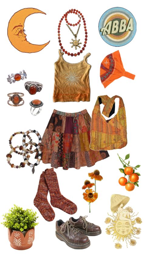 Patchwork skirt sun moon hippie style hippie fashion hippie outfit boho Hippie Girl Aesthetic, Hippie Girl, Orange Aesthetic, Hippie Outfits, Aesthetic Grunge, Hippie Style, Grunge Outfits, Aesthetic Clothes, Orange