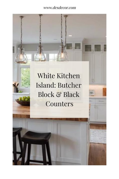 White kitchen with a butcher block island, black countertops, and hanging glass light fixtures. White Island With Butcher Block Top, White Kitchen With Butcher Block Island, Butchers Block Island, Dream White Kitchen, Kitchen Island Butcher Block, Wood Island Countertop, Island Butcher Block, Kitchen Flooring Trends, Kitchen Tile Inspiration