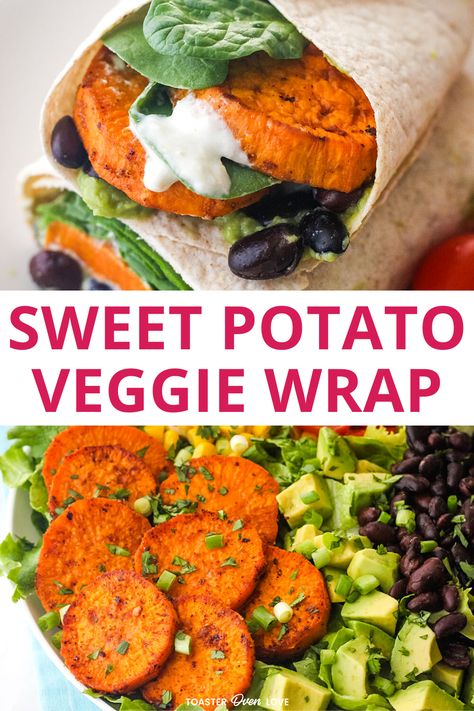 Veggie wrap and bowl of salad topped with sweet potato rounds, diced avocado, and black beans. Sweet Potato Lettuce Wraps, High Protein Veggie Wraps, Sweet Potato For Lunch, Roasted Veggie Wraps, Healthy Veggie Wraps, Pita Wraps Vegetarian, Wfpb Lunch Recipes, Easy Vegetarian Wraps, Sweet Potato Wraps