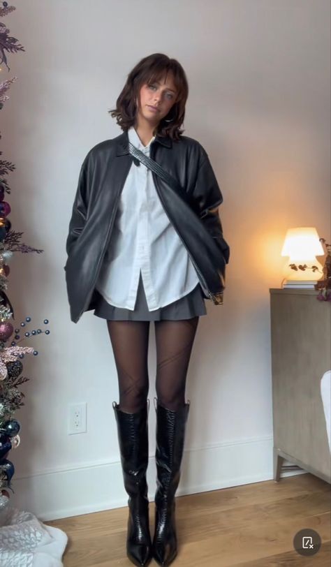 Leather Jacket White Button Up, Leather Jacket Pleated Skirt, Grey Pleated Skirt Outfit Aesthetic, Blouse And Mini Skirt Outfit, Black Jacket Skirt Outfit, Outfits White Button Up, Black Skirt With White Blouse, Black Skirt Button Up Shirt, Black Skirt And White Button Up