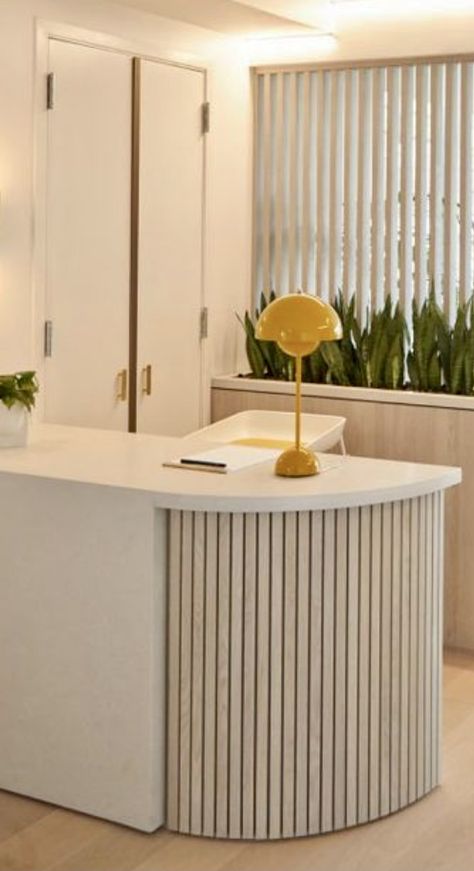 Mid Century Reception Desk, Panelled Reception Desk, Corner Reception Desk Design, Japandi Reception Desk, Fluted Reception Desk, Clinic Waiting Room Design, Curved Reception Counter, Comercial Interior Design, Waiting Room Furniture