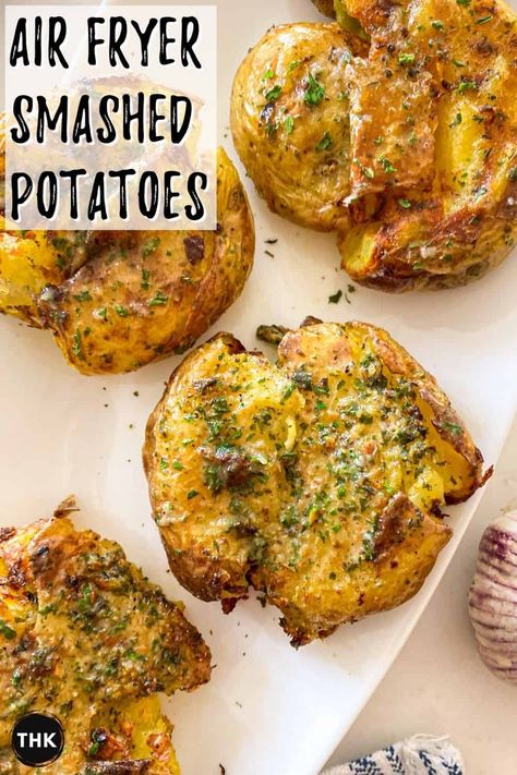 Smashed Potatoes Healthy, Smashed Air Fryer Potatoes, Air Fryer Smashed Potatoes Recipe, Smashed Potatoes In Air Fryer, Air Fried Smashed Potatoes, Airfryer Smashed Potatoes, Crispy Smashed Potatoes Air Fryer, Smash Potatoes Recipe Air Fryer, Thanksgiving Side Dishes Air Fryer