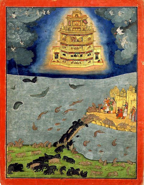 Ravana made his Lanka a city of gold. Still, the residents are grateful to be delivered from their demon king. Rama has placed the kingdom in the hands of Ravanas good younger brother. It is time to leave. The army of bears marches back across the bridge that they built to reach Lanka. The monkeys would rather play in the water. And Rama has found an appropriate vehicle: the pushpaka vimana. This fabulous flying chariot, big as a city, belonged to Kubera, the god of wealth. King Ravana, Ancient Astronaut, Ancient Origins, Hindu Mythology, Aliens And Ufos, Ufo Sighting, Ancient India, Ancient Aliens, Ancient Times