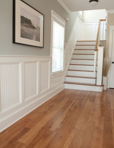 Most of the trim in My Old Country House is painted Benjamin Moore Mountain Peak White. I originally chose this color after I read about it on Maria Killam’s Blog “COLOUR ME HAPPY&#8221… Wainscoting Ideas, Beadboard Wainscoting, Contemporary Family Room, House Contemporary, Dining Room Wainscoting, Wainscoting Styles, Bead Board, Home Building Design, Wood Flooring