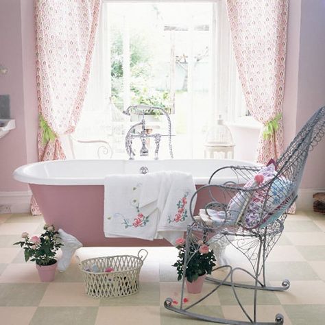 ESCAPE: Everyone will want to be pretty in pink with this ‘to die for’ bathroom design. Bath Tub, Pink Walls, Shabby Chic, Bath, Flooring, Flowers, Pink