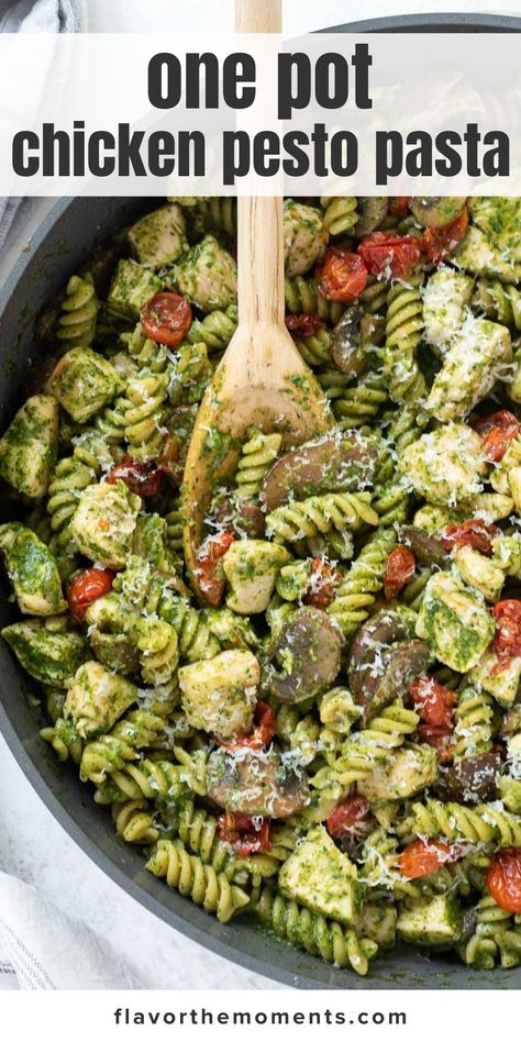 Dinner With Pesto Recipes, Chicken Pesto Pasta With Veggies, Chicken Pesto Pasta With Mushrooms, Homemade Pesto Chicken Pasta, Pesto Chicken Pasta One Pot, Pesto Mushroom Chicken, Chicken Recipes With Pesto Sauce, Easy Pesto Dinner Recipes, Chicken Pesto Tomato Pasta