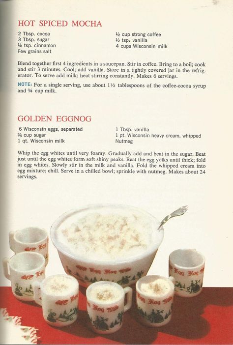 Vintage Recipes: 1964 Beverages Hot Spiced Mocha, Brown Cow, Peppermint Posy | 1960s Recipes, 1920s Food, Vintage Christmas Recipes, Vintage Desserts, Eggnog Recipes, 1950s Food, Cottagecore Recipes, Historical Recipes, Heritage Recipes