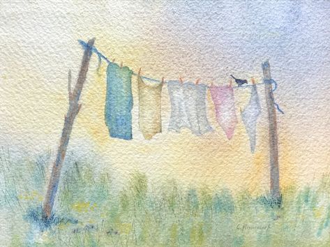 Laundry Line Art, Clothesline Watercolor Painting, Watercolor Clothesline, Washing Line Drawing, Clothes Line Watercolor Painting, Clothesline Painting, Clothesline Art, Laundry Art, Watercolor Tree