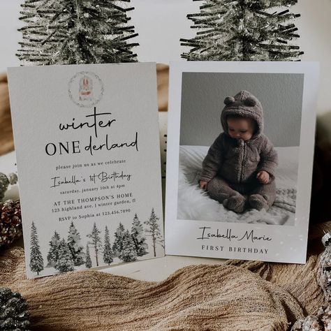 Winter Onederland Birthday Invitation Template Winter 1st - Etsy December Themed 1st Birthday, Winter Onederland First Birthday Invitation, Winterwonder Land First Birthday, Winter 1 Year Birthday, Winter One Birthday Party Ideas, Winter Onederland Invite, One Year Birthday Party Ideas Winter, First Birthday Boy Winter Themes, Winteroneder Land Theme Party Boy